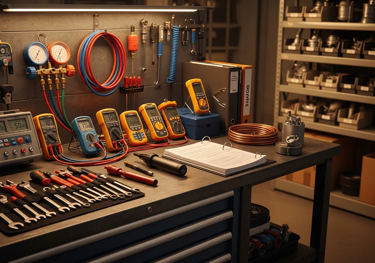 HVAC technician tools and equipment on a work surface, representing the trade expertise and diagnostics Air Care provides.
