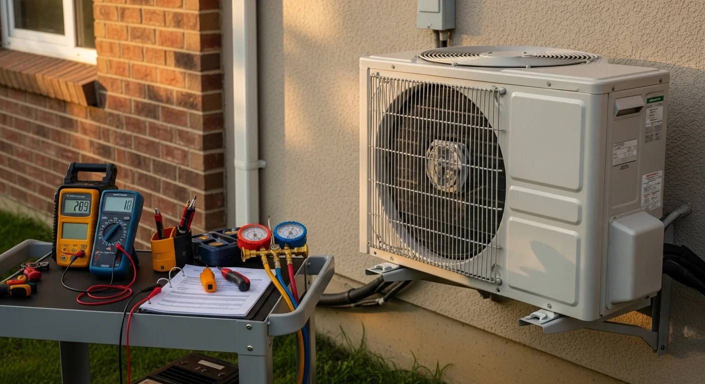 HVAC technician performing air conditioning maintenance on outdoor unit