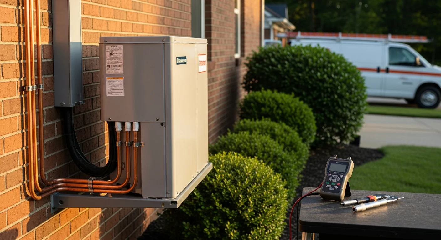 HVAC technician installing air conditioning system in residential home