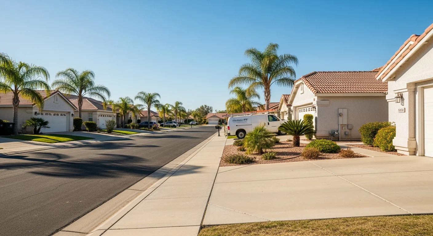 Residential street in Menifee with single-family homes and mature landscaping under clear sky.