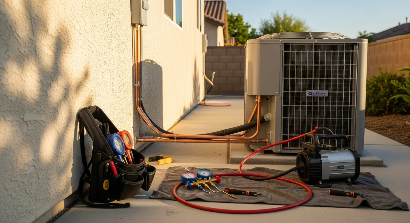 A newly installed residential air conditioning condenser unit mounted on the side of a single-family home in Menifee, California. The unit sits on a concrete pad in a dry, sunny backyard typical of the Inland Empire region.