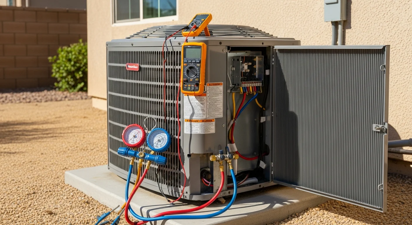 An Air Care Heating & Air Conditioning technician inspecting the condenser coils on a residential outdoor AC unit in Menifee, California. The unit sits beside a single-family home under clear blue sky with dry hills visible in the background.