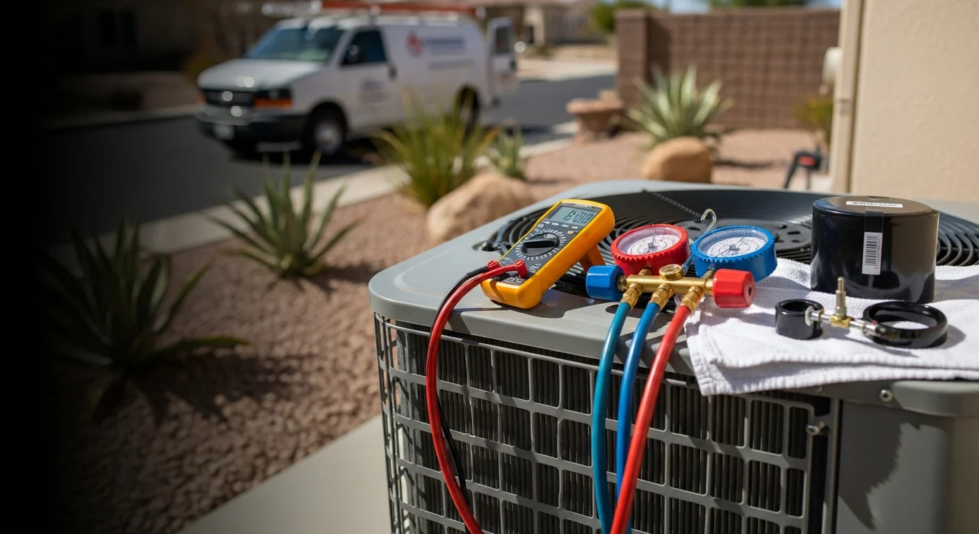 An Air Care Heating & Air Conditioning technician inspecting a residential central air conditioning unit outside a single-family home in Menifee, California. The outdoor condenser unit sits against a stucco exterior wall in a sun-exposed backyard typical of Riverside County tract homes.