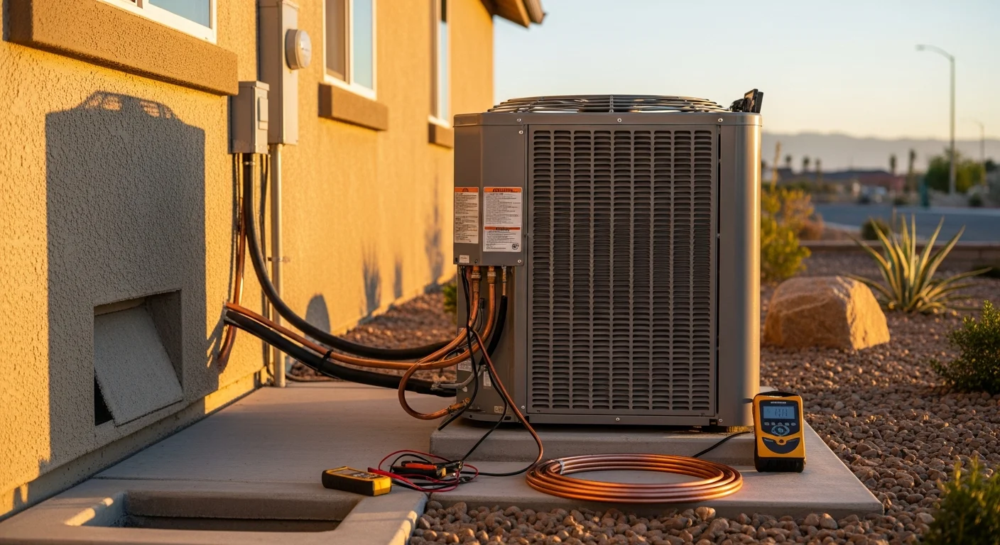 A newly installed residential air conditioning condenser unit positioned on a concrete pad beside a single-family home in Menifee, California. The outdoor unit is clean and properly spaced from the exterior wall, with visible refrigerant lines running into the home.
