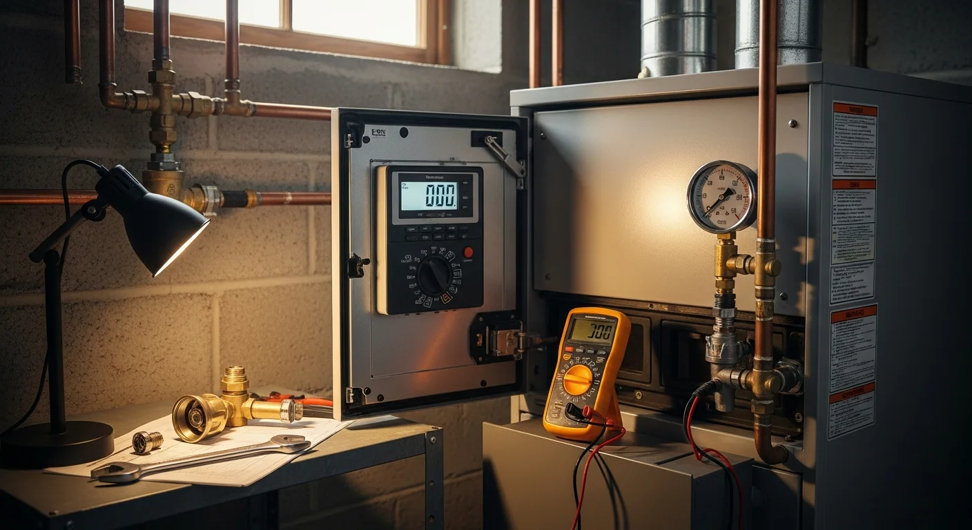 A technician from Air Care Heating & Air Conditioning inspecting a residential boiler unit inside a Menifee home, checking pressure gauges and valve connections during a repair service call.