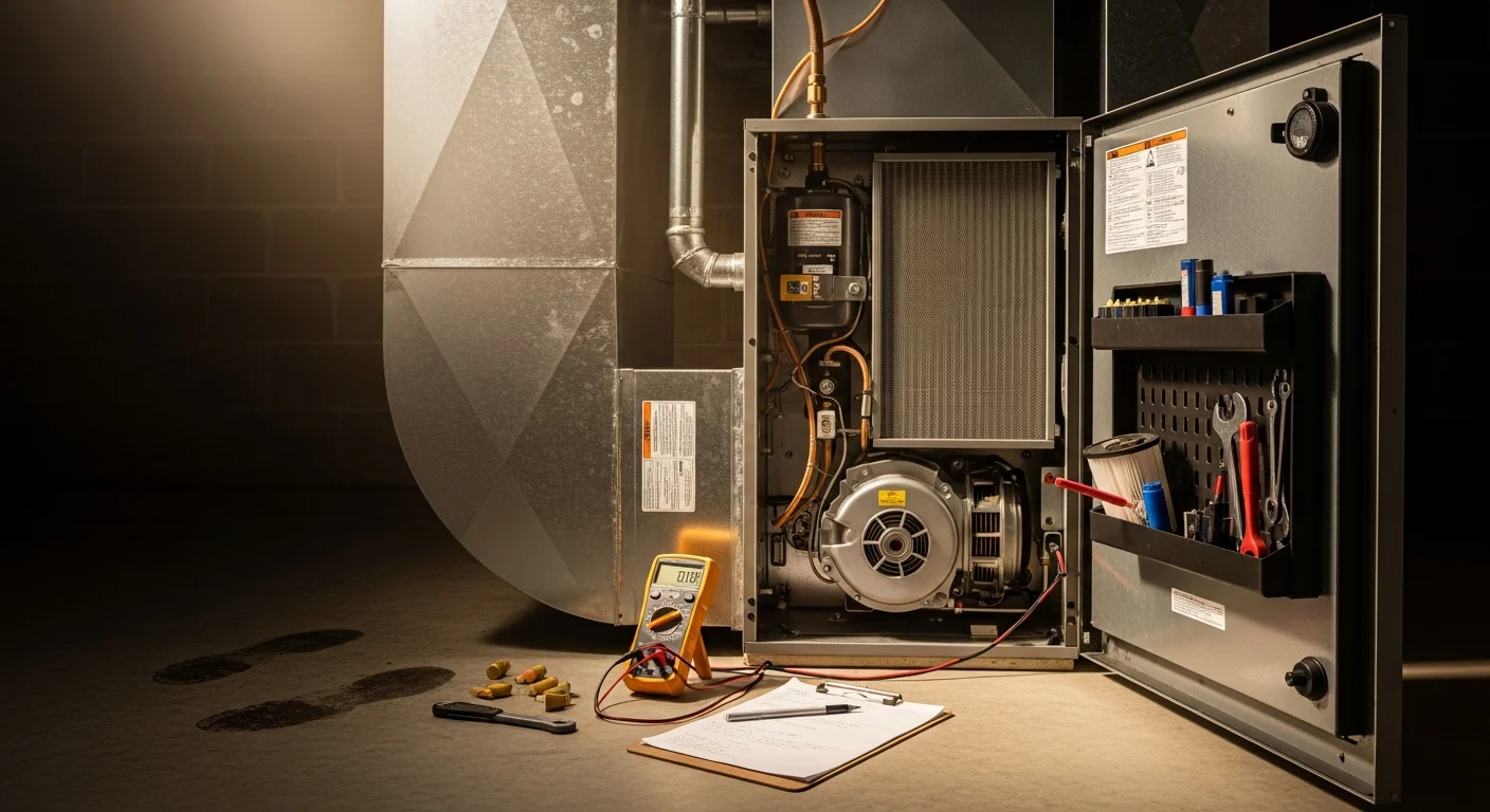 A furnace repair technician inspecting an open furnace unit inside a Menifee single-family home, with tools and diagnostic equipment visible on the floor nearby.