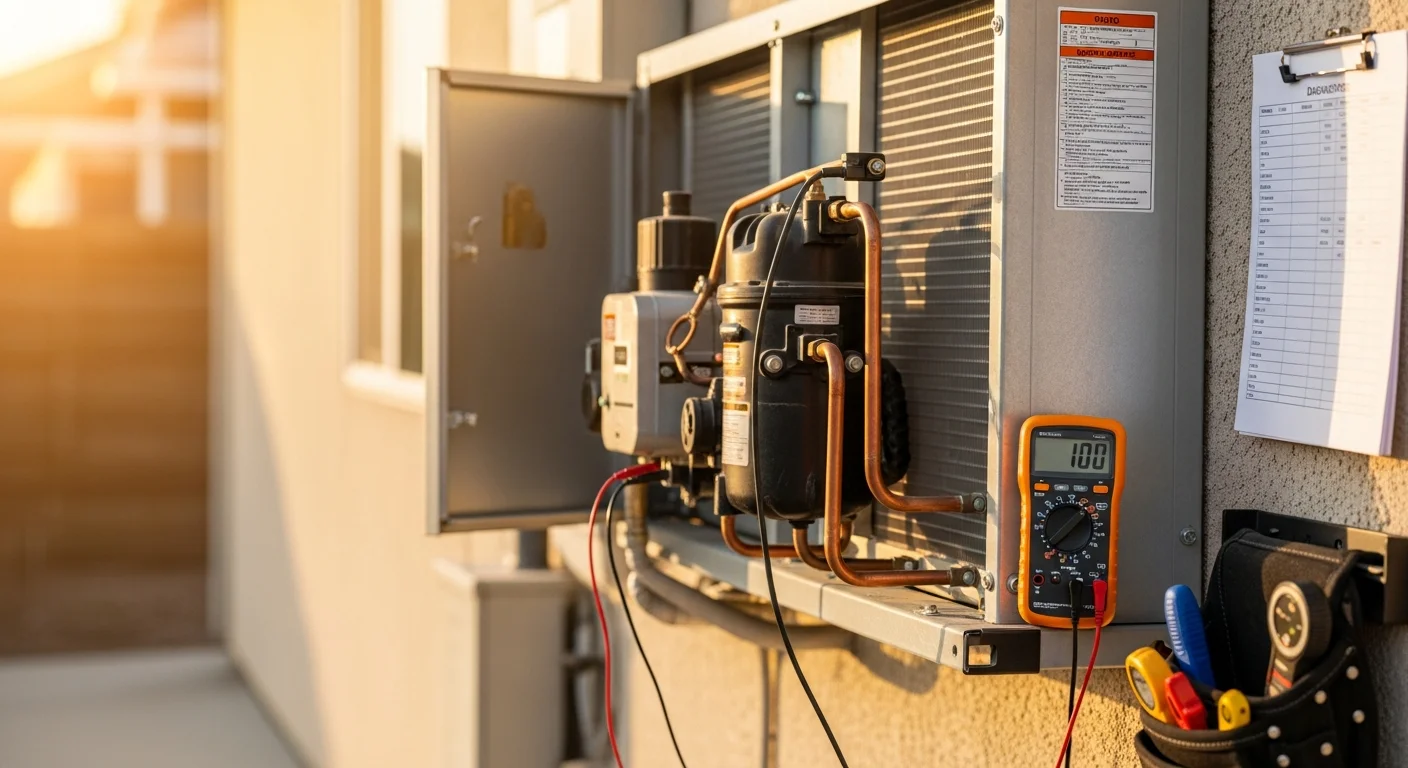 A technician inspecting the outdoor unit of a residential heat pump at a single-family home in Menifee, California. The technician checks electrical connections and coil condition during a heat pump repair service call.
