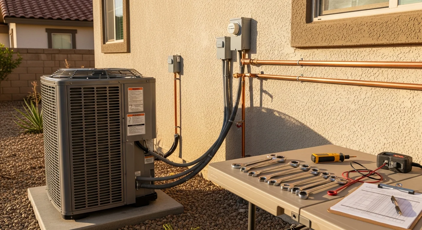 A newly installed heat pump condenser unit positioned on a concrete pad beside a single-family home in Menifee, California. The outdoor unit is clean and properly spaced, with the home's stucco exterior and clear inland sky visible in the background.