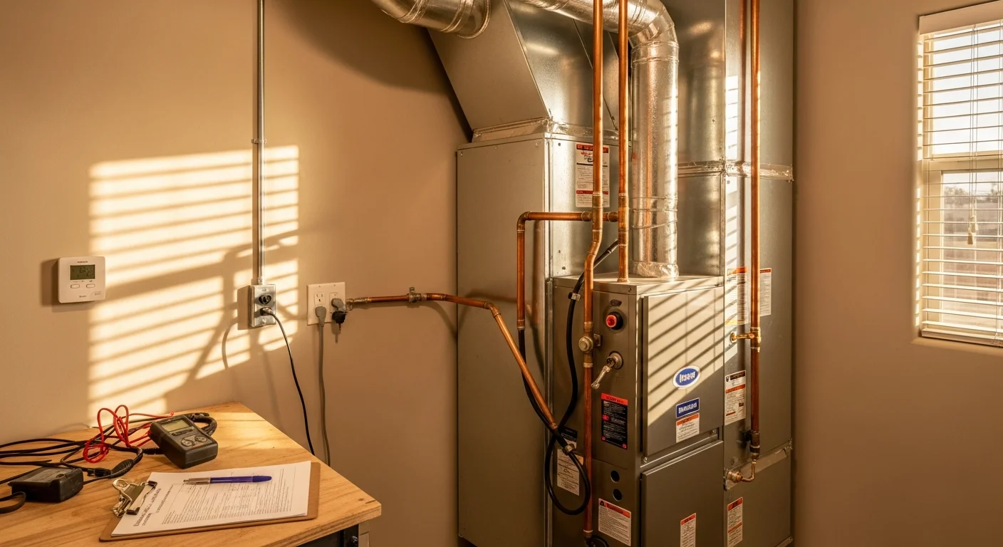 A licensed HVAC technician from Air Care Heating & Air Conditioning installing a new forced-air heating unit in the utility area of a single-family home in Menifee, California. The technician is connecting ductwork and checking system components in a clean, well-lit indoor space.