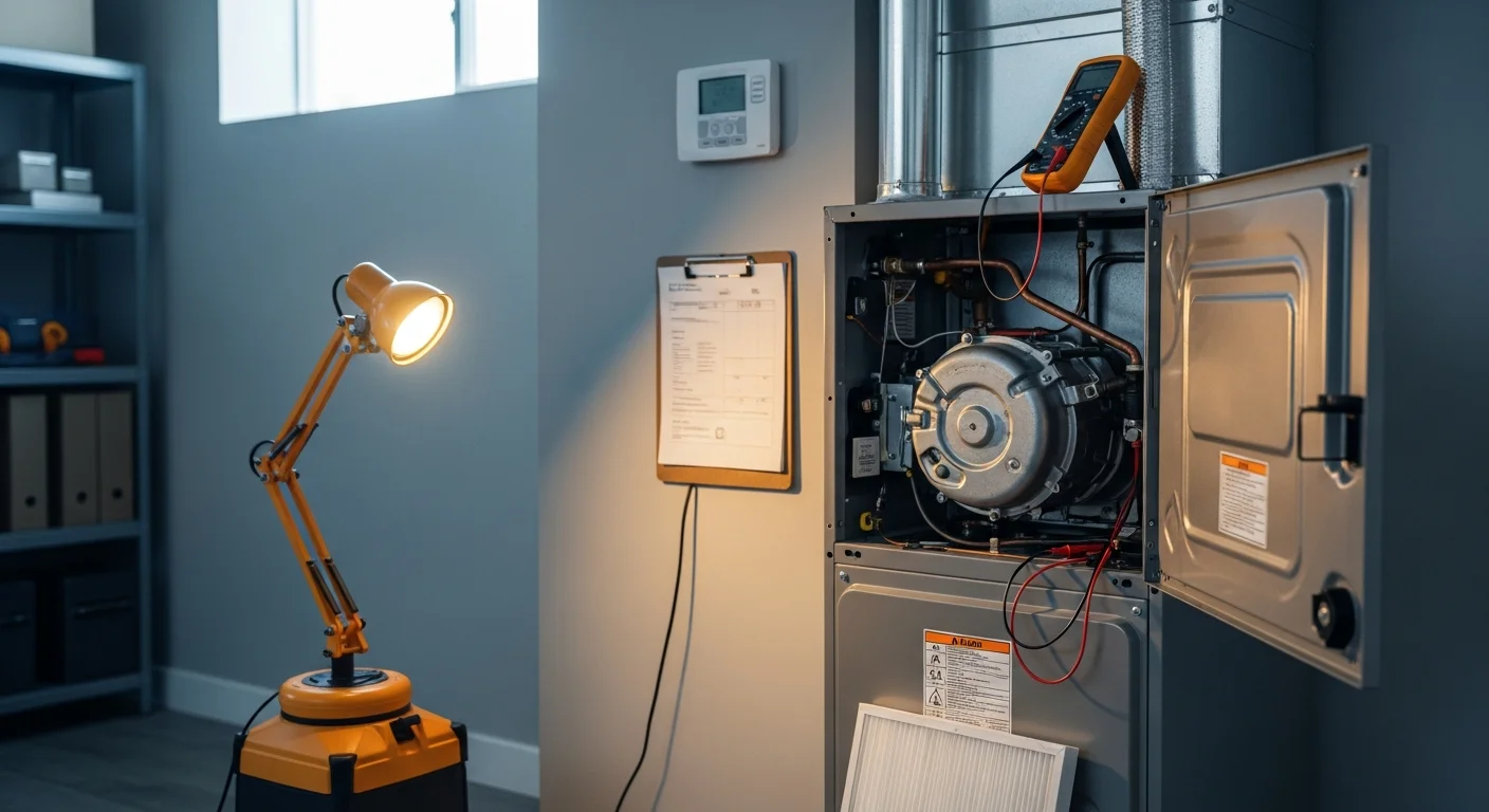 An Air Care Heating & Air Conditioning technician inspecting a residential furnace during a heating system maintenance visit at a Menifee home. The technician checks internal components with a flashlight in a utility room typical of Inland Empire tract housing.