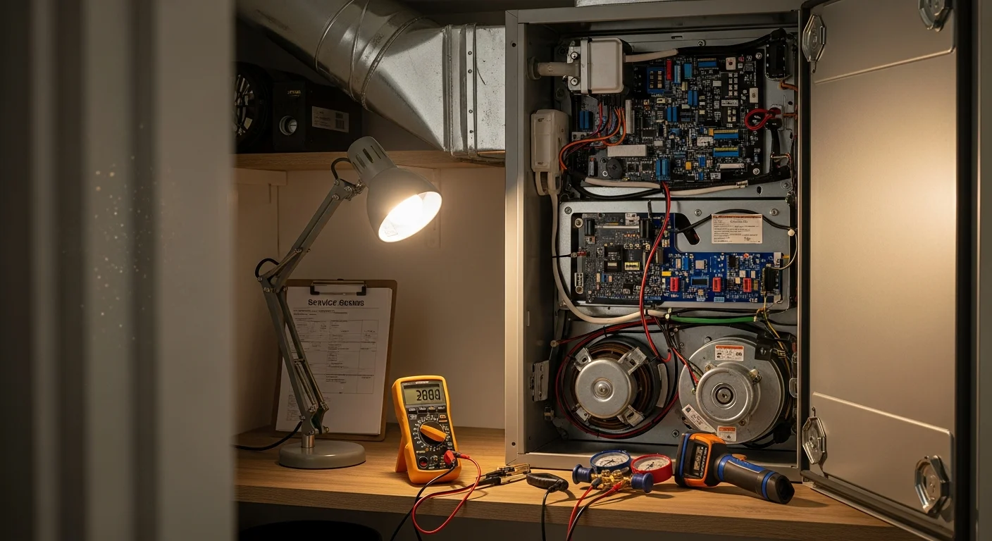 An HVAC technician inspecting a residential furnace inside a single-family home in Menifee, California. The technician checks internal components during a heating system repair visit.