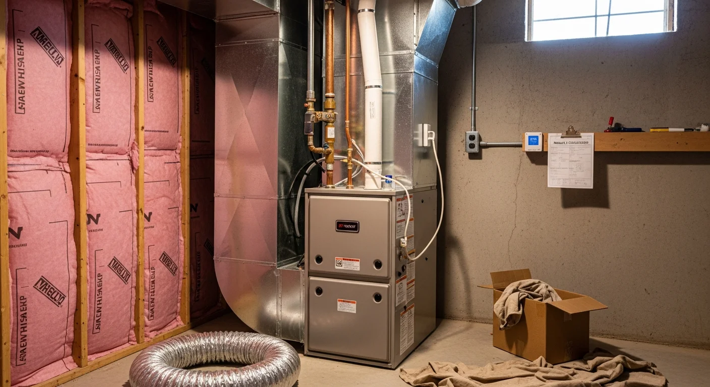 A new heating system installed in a Menifee, California home, with clean ductwork connections and a properly mounted indoor air handler unit. The installation shows a finished, code-compliant setup in a residential utility space typical of inland Southern California homes.
