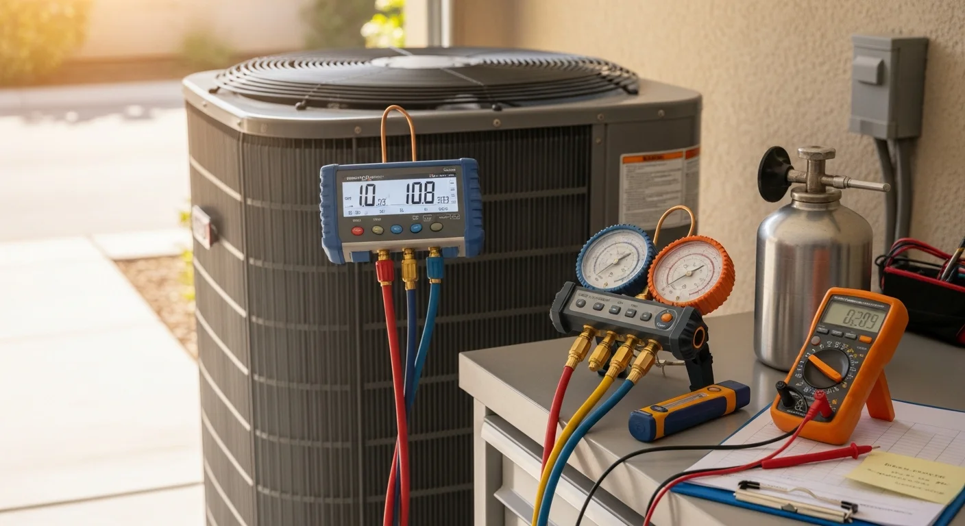 An Air Care Heating & Air Conditioning technician inspecting the outdoor condenser unit of a residential HVAC system at a Menifee tract home. The technician is using diagnostic gauges to check refrigerant pressure on a sunny day with a typical Menifee neighborhood visible in the background.