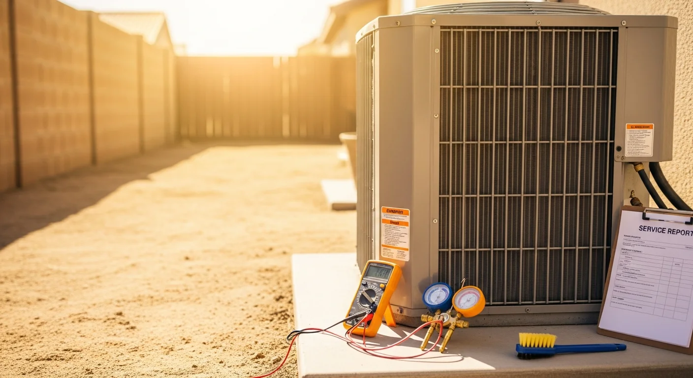 An Air Care Heating & Air Conditioning technician performing an HVAC maintenance inspection on a residential rooftop unit in Menifee, California. The technician checks electrical components and coils on a clear, sunny day typical of the inland valley climate.
