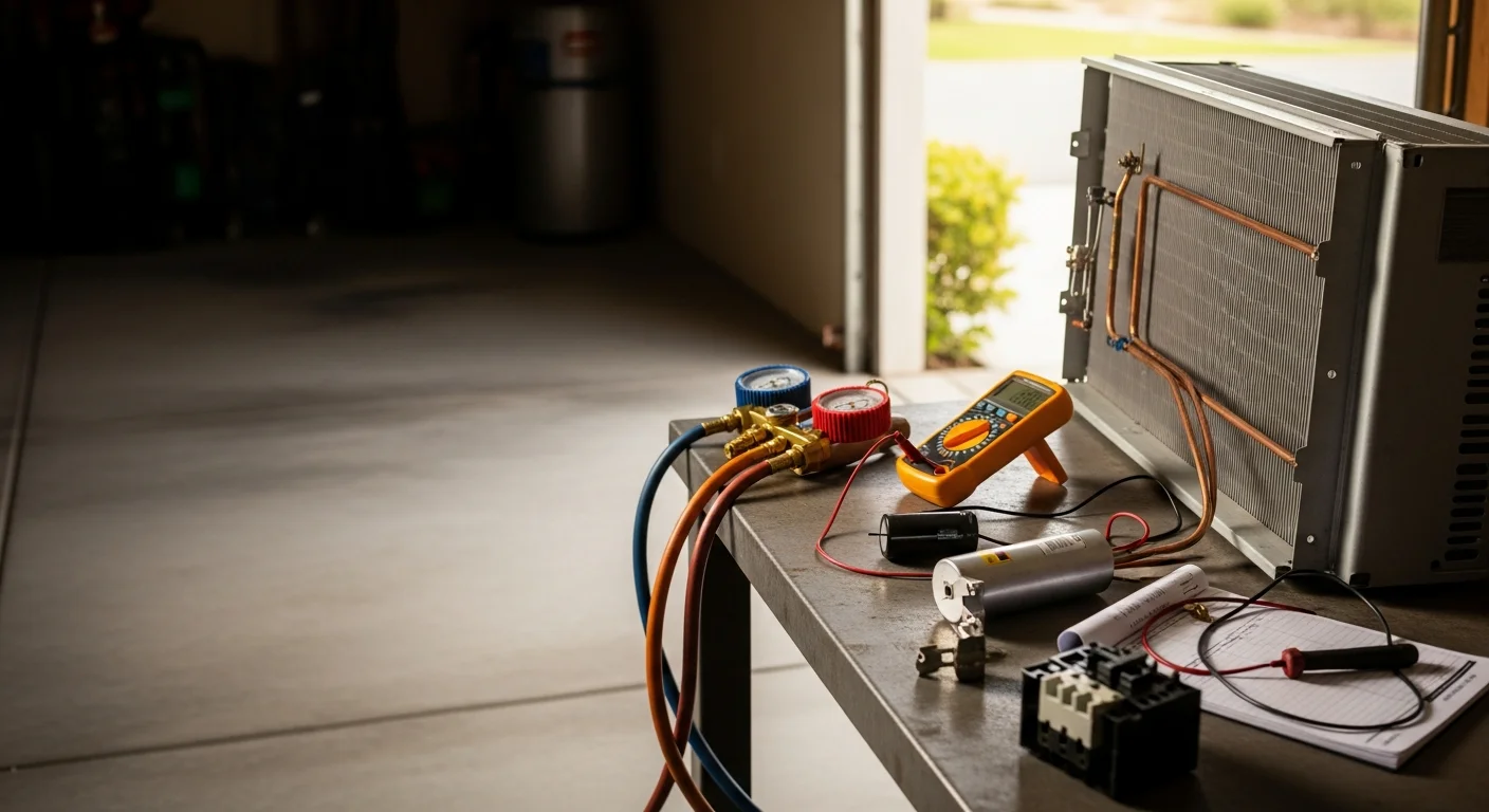 An Air Care Heating & Air Conditioning technician inspecting an outdoor HVAC condenser unit at a single-family home in Menifee, California. The technician is checking electrical components on a sunny day with a residential neighborhood visible in the background.