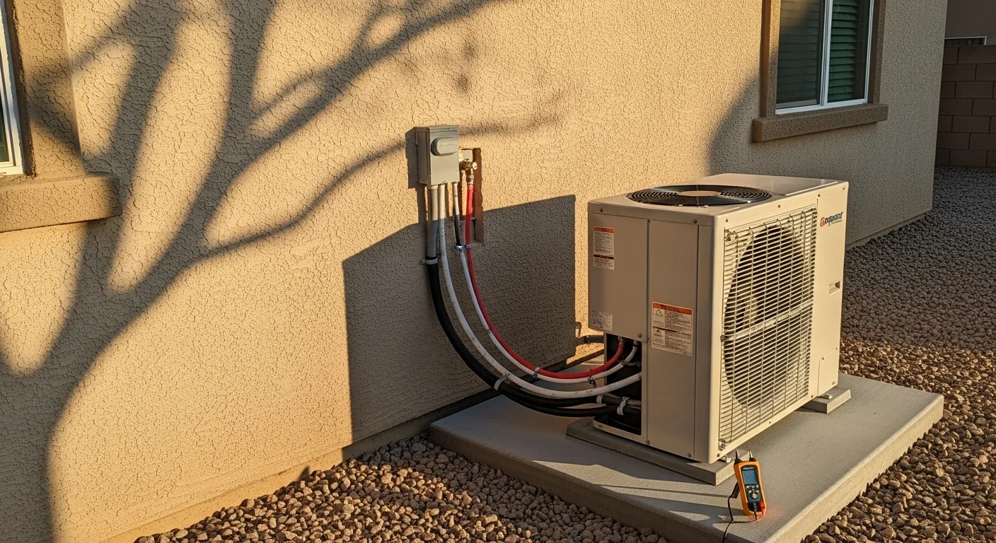 A wall-mounted ductless mini split indoor air handler installed in a Menifee home interior, with the outdoor condenser unit secured on a concrete pad beside the exterior wall.