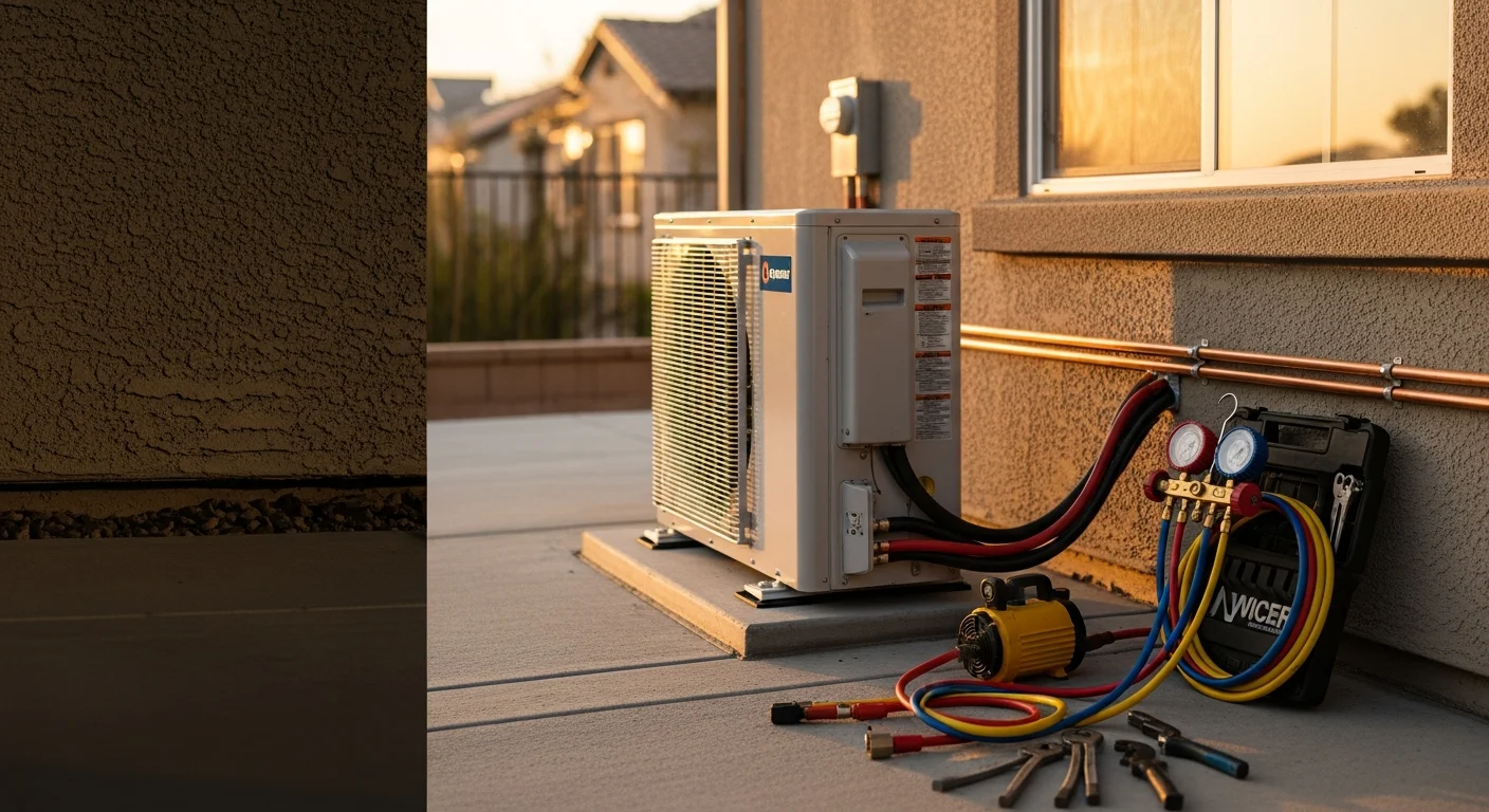 A newly installed ductless mini split indoor air handler mounted on a wall inside a Menifee home, with the outdoor condenser unit positioned on the side of the house. The image shows a complete mini split replacement completed by Air Care Heating & Air Conditioning.