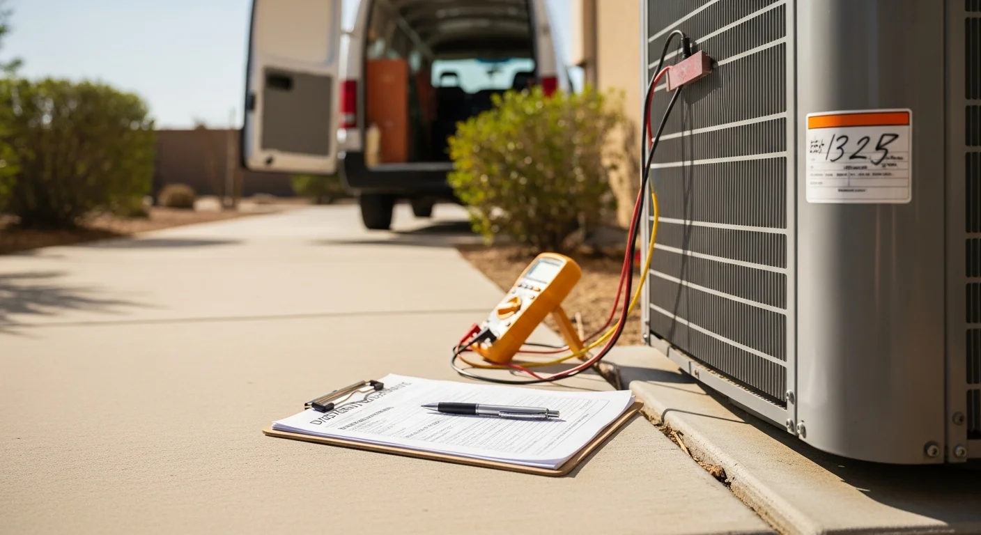 An Air Care Heating & Air Conditioning technician inspecting a residential central AC unit at a single-family home in Menifee, California. The technician reviews system components and records findings on a clipboard during a second opinion service call.