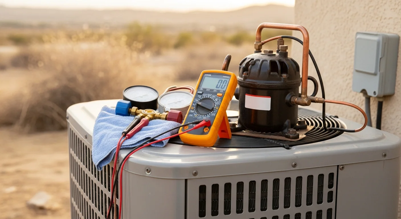 An Air Care Heating & Air Conditioning technician inspecting an outdoor AC condenser unit at a single-family home in Menifee, California. The technician checks electrical connections and refrigerant lines on a clear, sunny day typical of the Inland Empire.