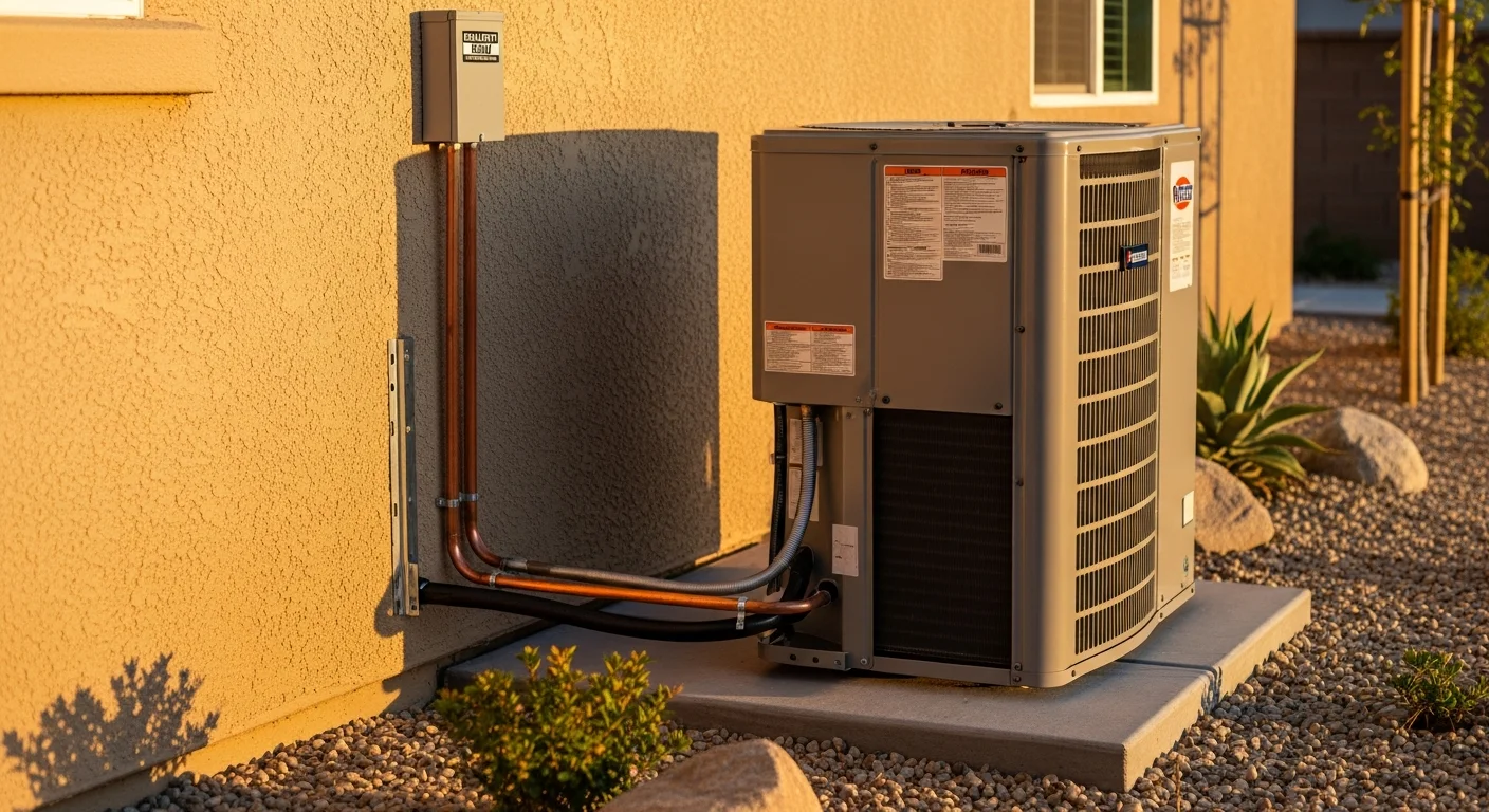 A newly installed residential HVAC system on the side of a single-family home in Menifee, California, with clean refrigerant lines and a modern outdoor condenser unit. An Air Care Heating & Air Conditioning technician checks the system connections after completing a full heating and cooling upgrade.